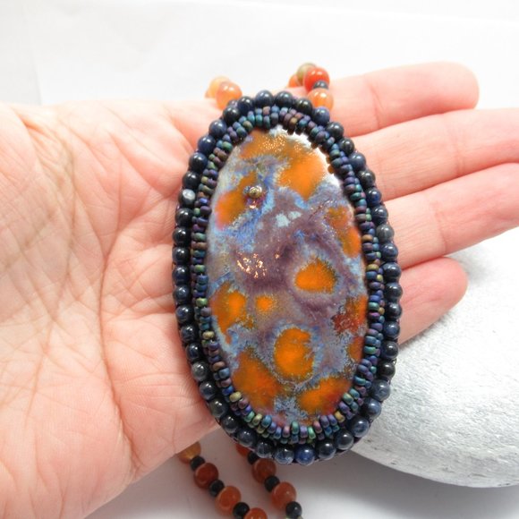 Artisan Cabochon Necklace on Carnelian and Sodalite - Picture 6 of 13